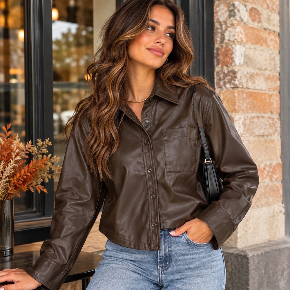 Future Collective Brown Faux Leather Button Down Shirt Jacket M NWT
